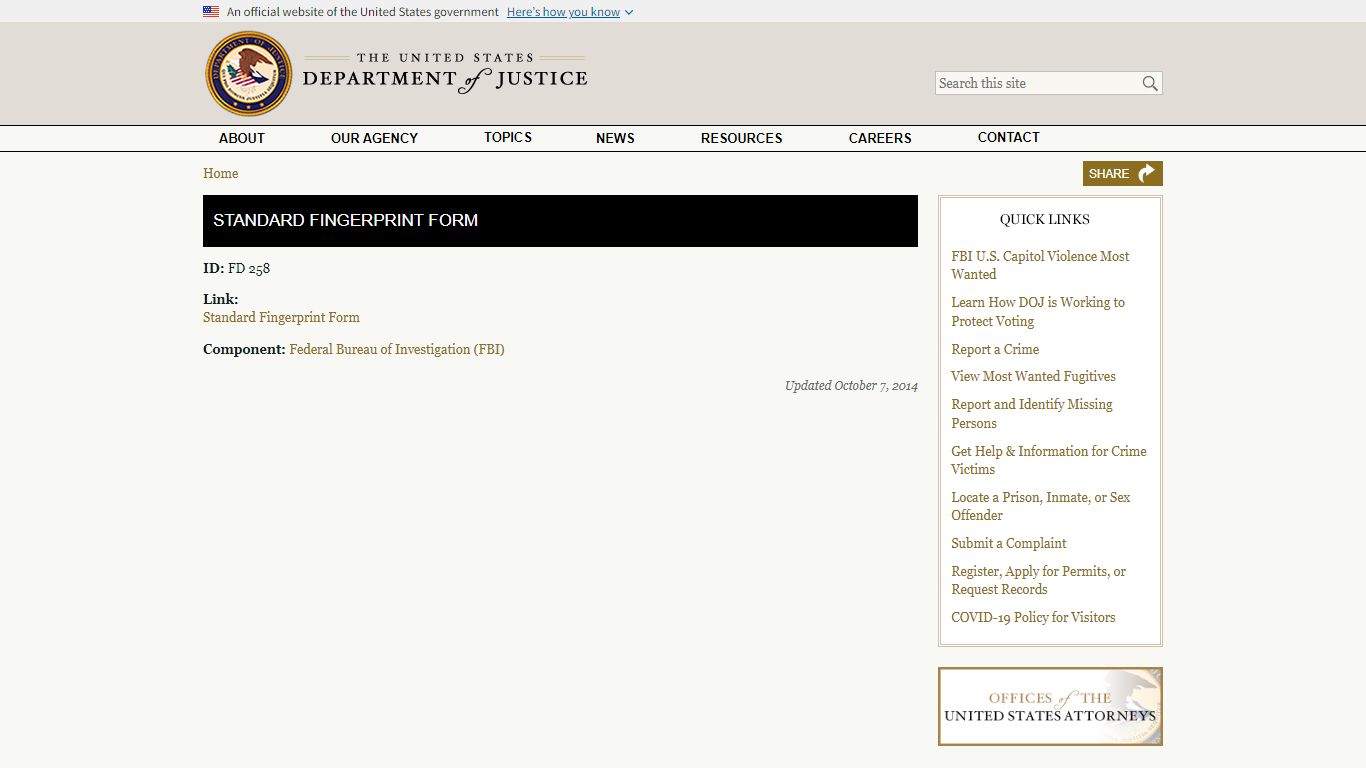 Standard Fingerprint Form | DOJ | Department of Justice